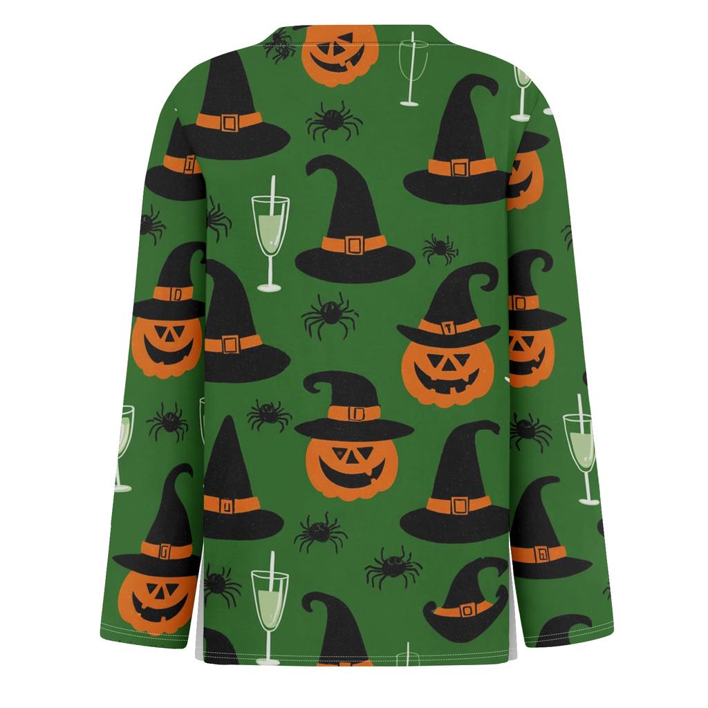 Women Fashion Long Sleeve Crew Neck Top Halloween Print Split Hem Casual Blouse Lightweight Comfortable Fit