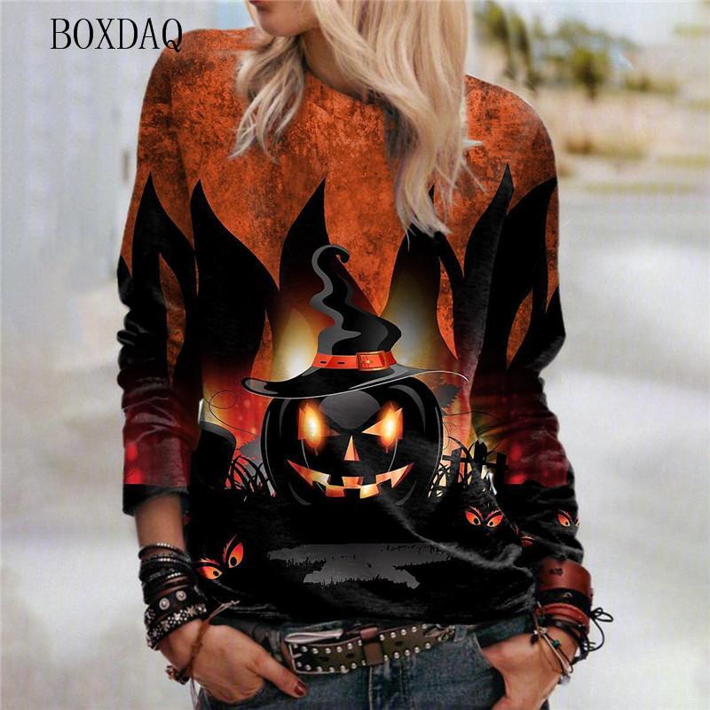 Horror Pumpkin Pattern Women Halloween T-Shirts Autumn Winter Long Sleeve 3d Print Street Ladies Tees 6XL Plus Size Casual Tops