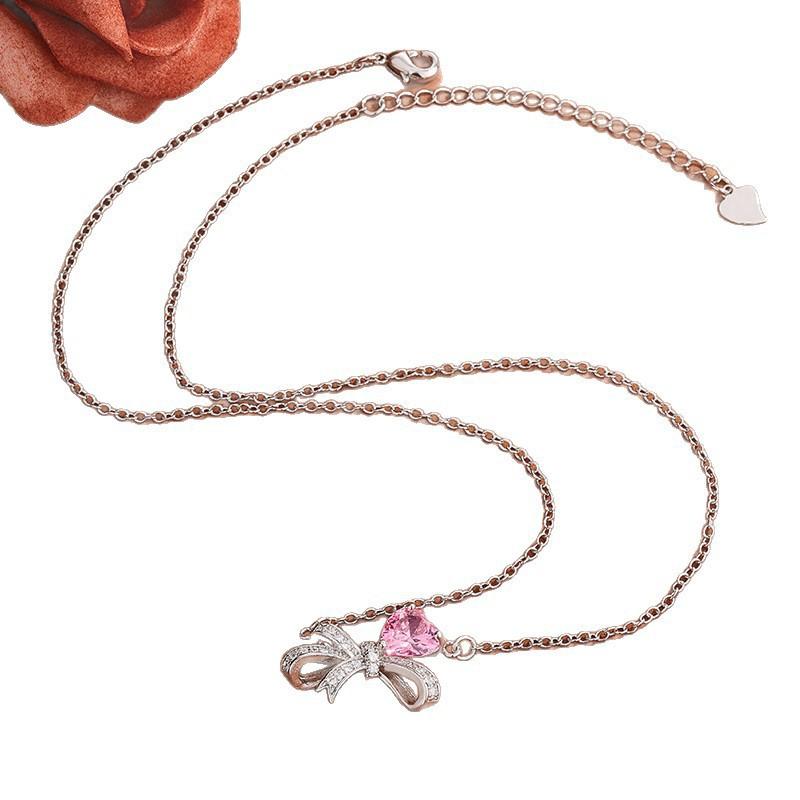 Send Girlfriend Feeling Flash Bow Necklace Niche Design Day Diamond Collarbone Chain Powder Simple Women'S Zirconium Pendant