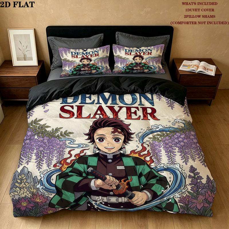 Set Copripiumino Trapuntato con Fantasia Demon Slayer Federa Cuscino Regalo di Compleanno per la Casa(1 * copripiumino + 2 * federa, senza nucleo)