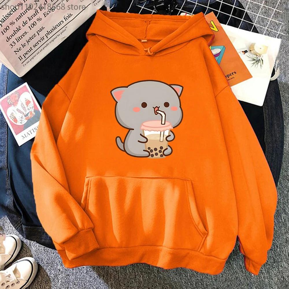 Peach Cat Love Boba Print Hoodies Bubble Tea Sweatshirt Girls Kawaii Cartoon Sudaderas Men's Tops Kawaii  Winter Clothes Women