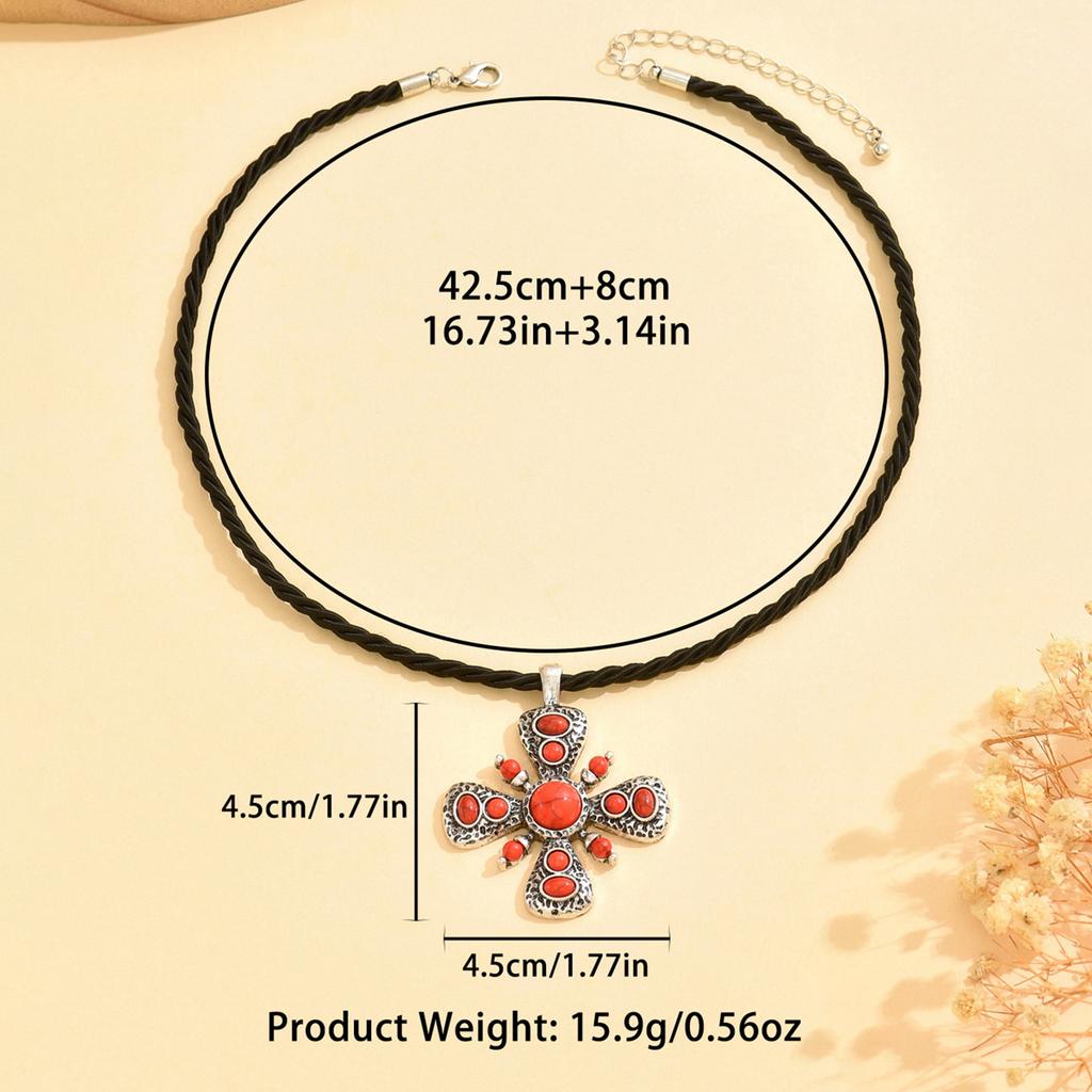Fashion Alloy Cross Pendant Necklace with Ruby Red Crystal Vintage Bohemian Long Chain Jewelry