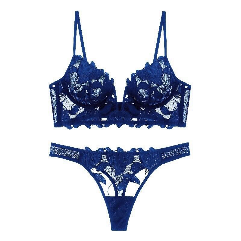 French Lace Flowers Embroidery Bra Set Sexy Deep V Push Up Bras Women Ultra Thin Underwear With Thongs Set Breathable Lingerie