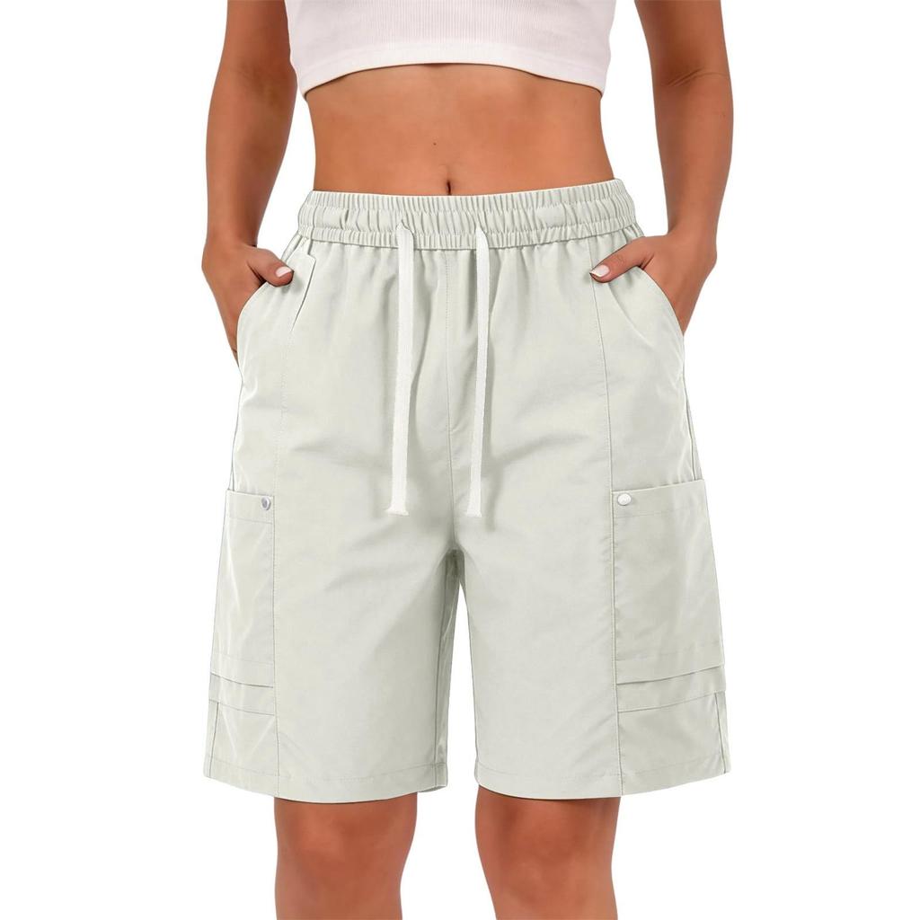 Women’s Summer Loose Fit Drawstring Waist Cargo Shorts with Pockets for Hiking Travel Casual Relaxed Wide Leg Design