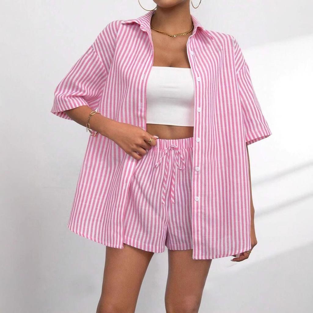 Frühling und Sommer Neue Mode Damen Outfit Gekragtes Gestreiftes Kurzarmhemd + Shorts Lässiges Zweiteiliges Set Für Damen