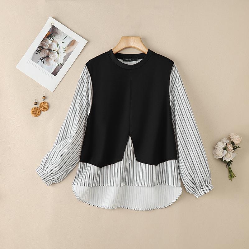 ZANZEA Women Casual Stripe Patchwork Long Sleeve Loose Pullover Blouse