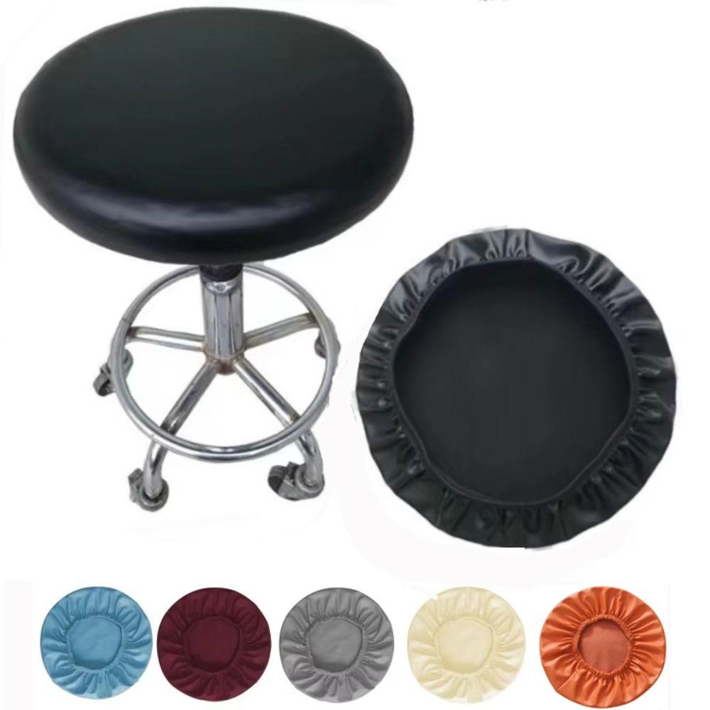 PU Leather Round Seat Cover Waterproof Solid Color Rotating Chair Slipcover All Inclusive Dustproof Bar Stool Chair Cover