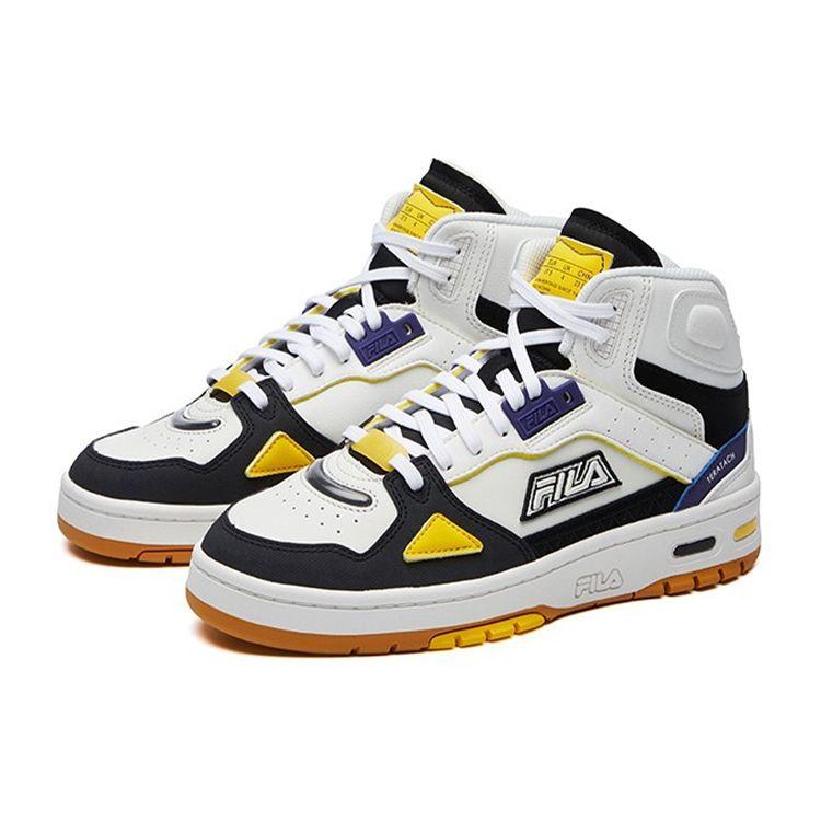 Fila Teratach Synthetic Leather Comfortable Versatile Daily High-Top Retro Basketball Shoes Women Sneaker White Black Yellow F12W111211FBB