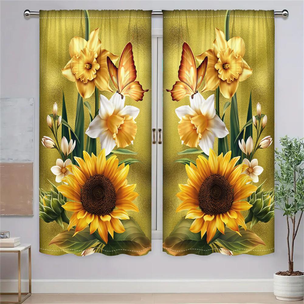 

2Pcs Golden Sunflower Curtain Spring Floral Butterfly Pattern Curtain Living Room Bedroom Balcony Window Decor Sunshade Curtains 29.5W65H(inch)x2Pcs&Rod Pocket