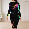 Women Plus Size Round Neck Long Sleeve Colorful Splash Printed Bodycon Midi Dress