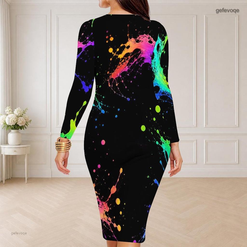 Women Plus Size Round Neck Long Sleeve Colorful Splash Printed Bodycon Midi Dress