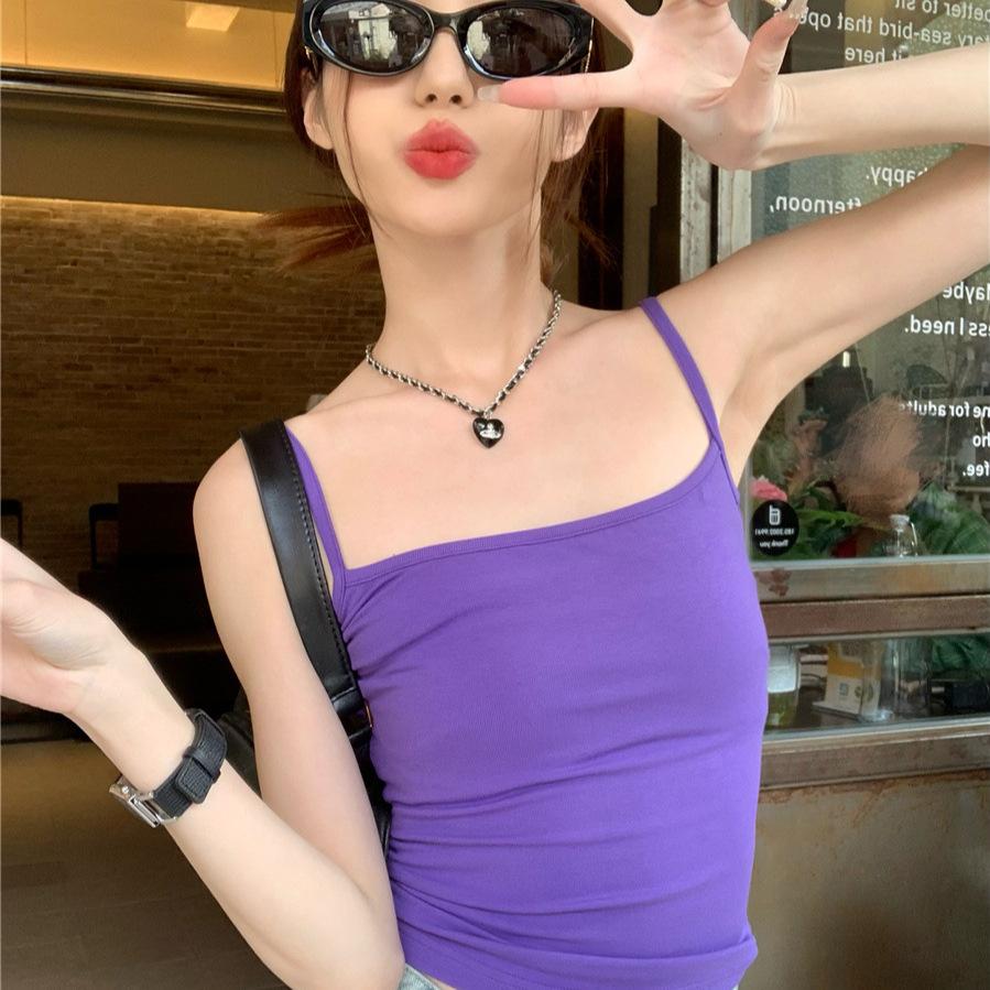 Sexy Spice Girl with Chest Pad Suspender Vest Women's Summer Belly Navel Slim Skinny Short Square Neck Top