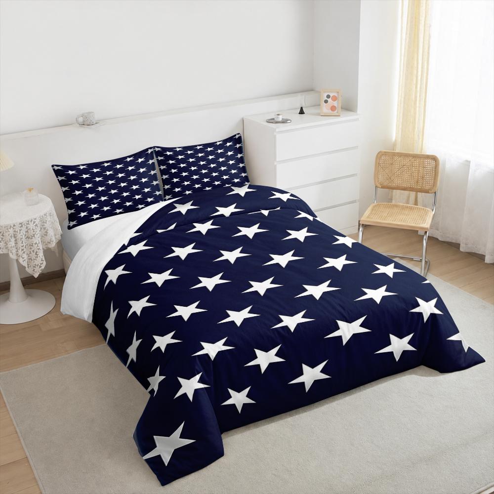 Duvet Cover Set White Stars Repeating Pattern Navy Blue USA Flag Patriotic 3 Piece Bedding for Men Room Decor Gift