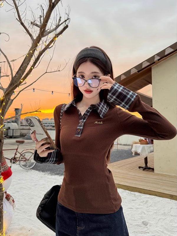 Women's Red Plaid Polo Collar Faux Two-Piece Slim-Fit Top for Autumn/Winter