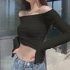 Amazon European and American Women's Clothing 2026 Spring New Arrivals Sexy Off-Shoulder Slim Mesh Bell-Sleeve Long-Sleeve T-Shirt for Women