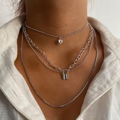 Love Heart Lock Shape 4 Layer Pendant Necklace Fashion Trend Girl Necklace Temperament Necklace