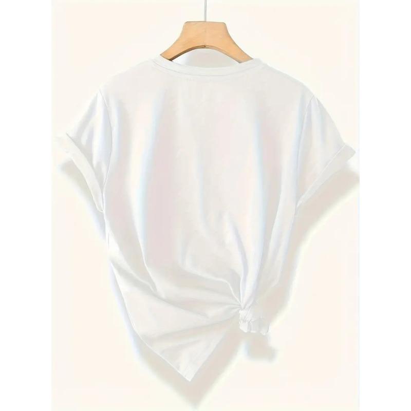 European Size Women's casual short-sleeved T-shirt-bee flower print round neck top spring and summer fashion white with yellow and blue embellishment