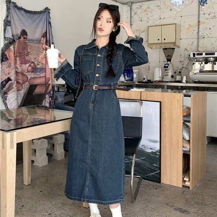 Retro Schlankheits-Denimkleid im koreanischen Stil: Taillenbetonendes Midi mit langen Ärmeln für Damen - Neue Herbst- & Frühjahrskollektion