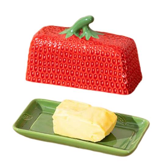 Butter Dish with Lid Strawberry-Shaped Ceramic Butter Keeper Microwave & Dishwasher Safe Butter Storage Container Hand-Painted Kitchen Serving Tray