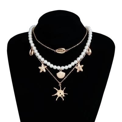 Starfish Shells Pendant Mulitlayer Choker Necklace For Women Imitation Pearl Holiday Party Jewelry Accessory