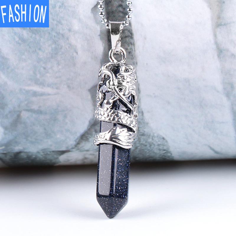 Tribal Totem Dragon Shaped Natural Stone Pendant Hexagon Aura Point Head Crystal Column Nekclace