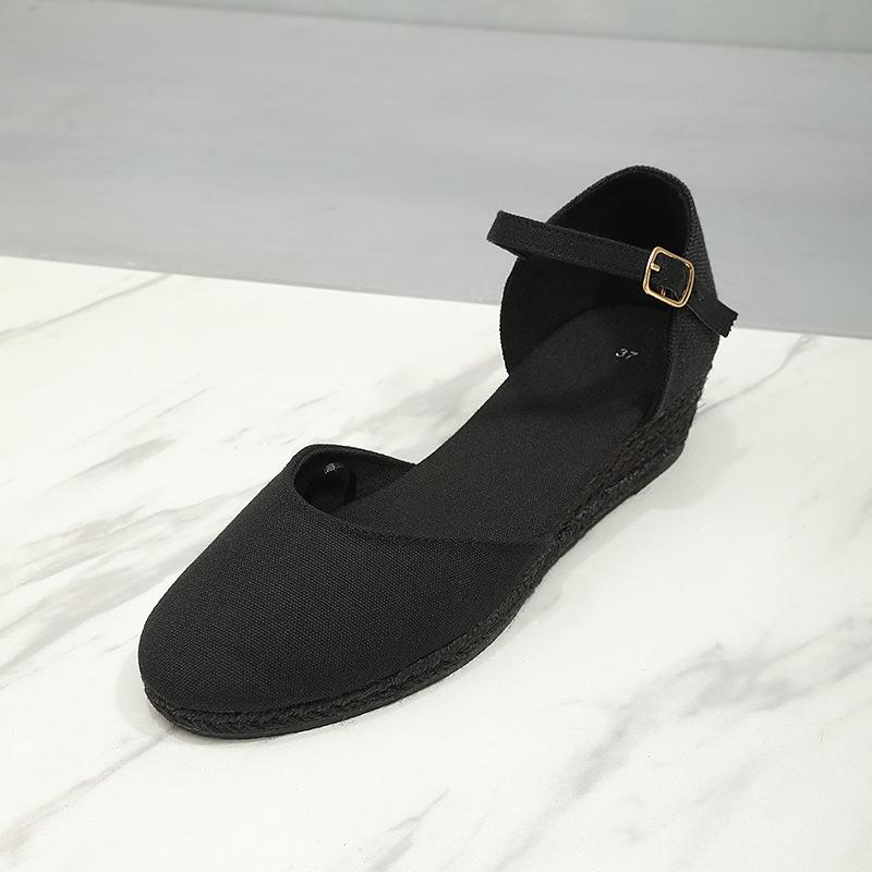 Fashion Baotou Sandals for Women's 2025 Summer Grass Woven Hemp Rope Slope Heel Shoes Women Round Toe Thick Sole Buckle Womens Sandals