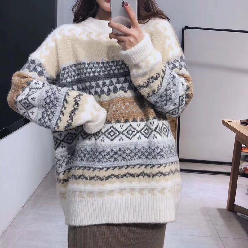 Women's Round Neck Pullover Sweater – Korean Style Retro Long Sleeve Jacket, Autumn/Winter 2020, Loose Fit.