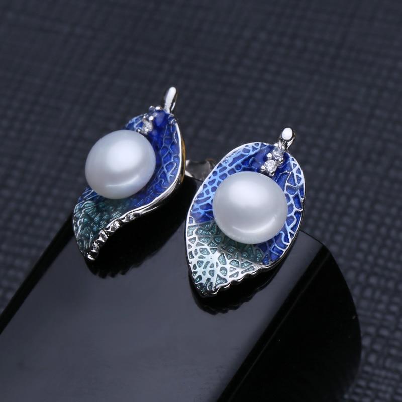 LSOOYH Cloisonne Natural Freshwater Pearl Earrings Fashion Leaf Necklace For Women Pearl Jewelry Set