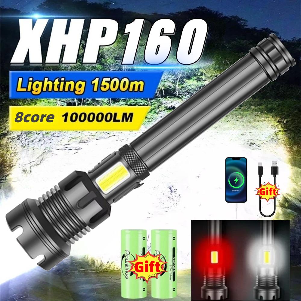LED XHP160 Most Powerful Flashlight 8-core USB Rechargeable Torch Zoomable 26650 Battery Defensive Hand Lamp for Camping Hunting
