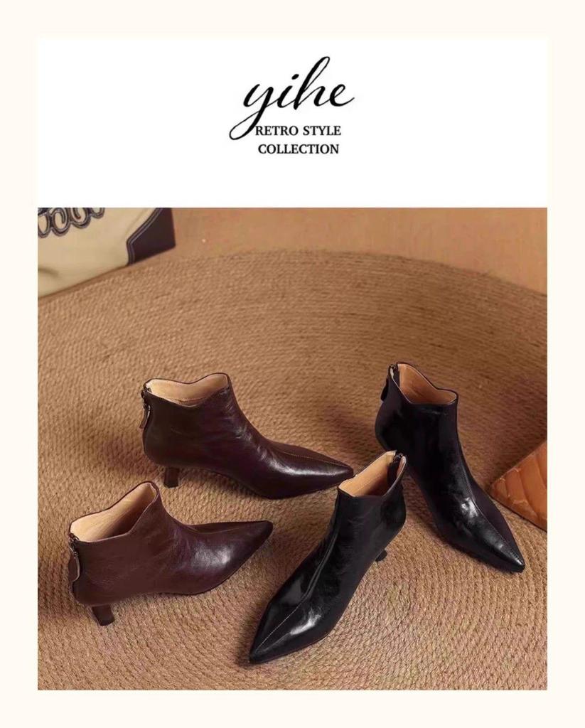 Women's V-Cut Stiletto Heel Ankle Boots, Pointed Toe, Fleece-Lined, Back Zipper - 2025 Autumn/Winter Collection.