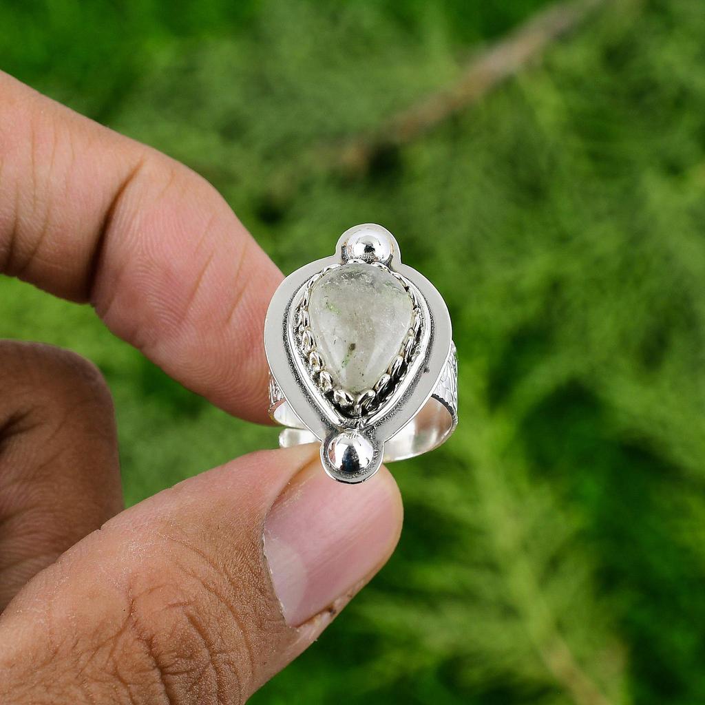 925 Silver Pear Natural Prehnite Bezel Ethnic Artisan Multi Stone Sister Ring