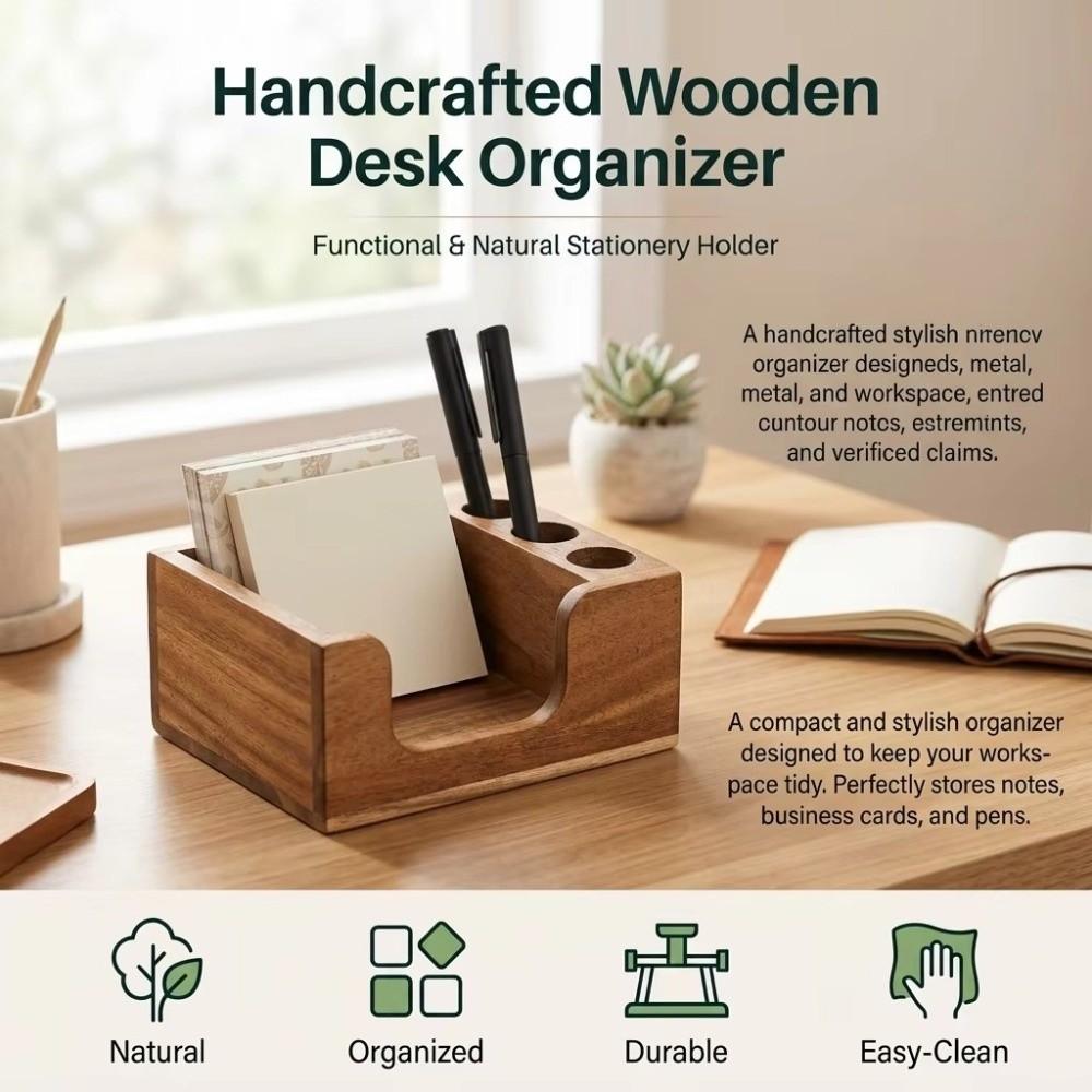 Solid Wood Desk Organizer Pen Holder Stationery Storage Box for Office Study Home