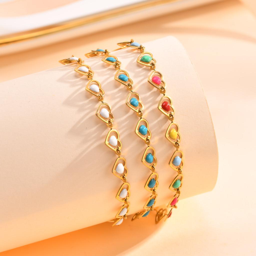 Trendy Bohemia Colourful Drip Glue Beads Chain Bracelet for Women Stainless Steel Beads Bracelet Girl Gift,Heart-shaped Chain