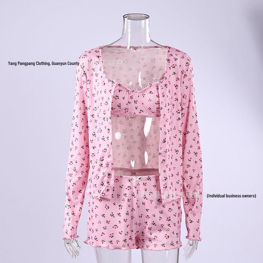 2026 Spring/Summer European & American Knitted Pajama Set: Printed Long Sleeve, Short Pants, Versatile 3-Piece for Outdoor Wear
