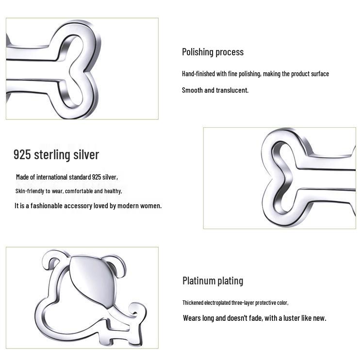 Sterling Silver Puppy and Bone Openwork Stud Earrings - S925 Fashion Jewelry
