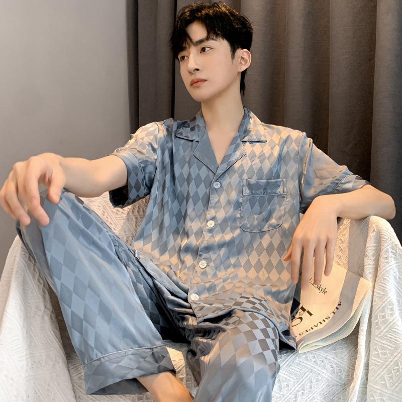 Cool satin jacquard pajamas men's summer ice silk short-sleeved trousers can be worn outside men's silk loungewear in summer