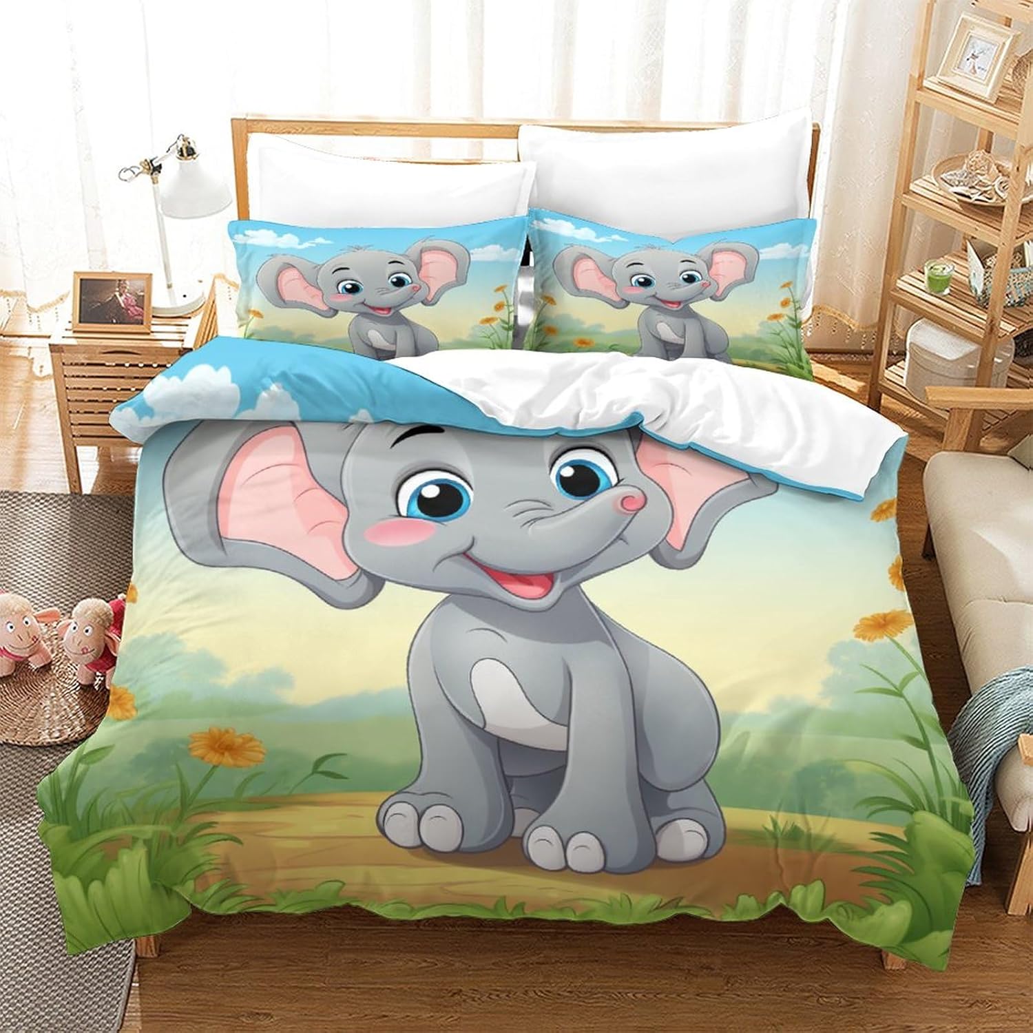 

Cute Little Elephant 3D Printed Duvet Cover Set, Microfiber Bedding Set Cover Pillowcasefor Zipper Closure Adults Kids Double 135x200cm