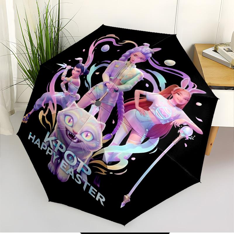 KPop Demon Hunters Print Automatic Open Close Umbrella, Portable Foldable Umbrella, for Outdoor Commute Camping Trip, Ideal Birthday Gift