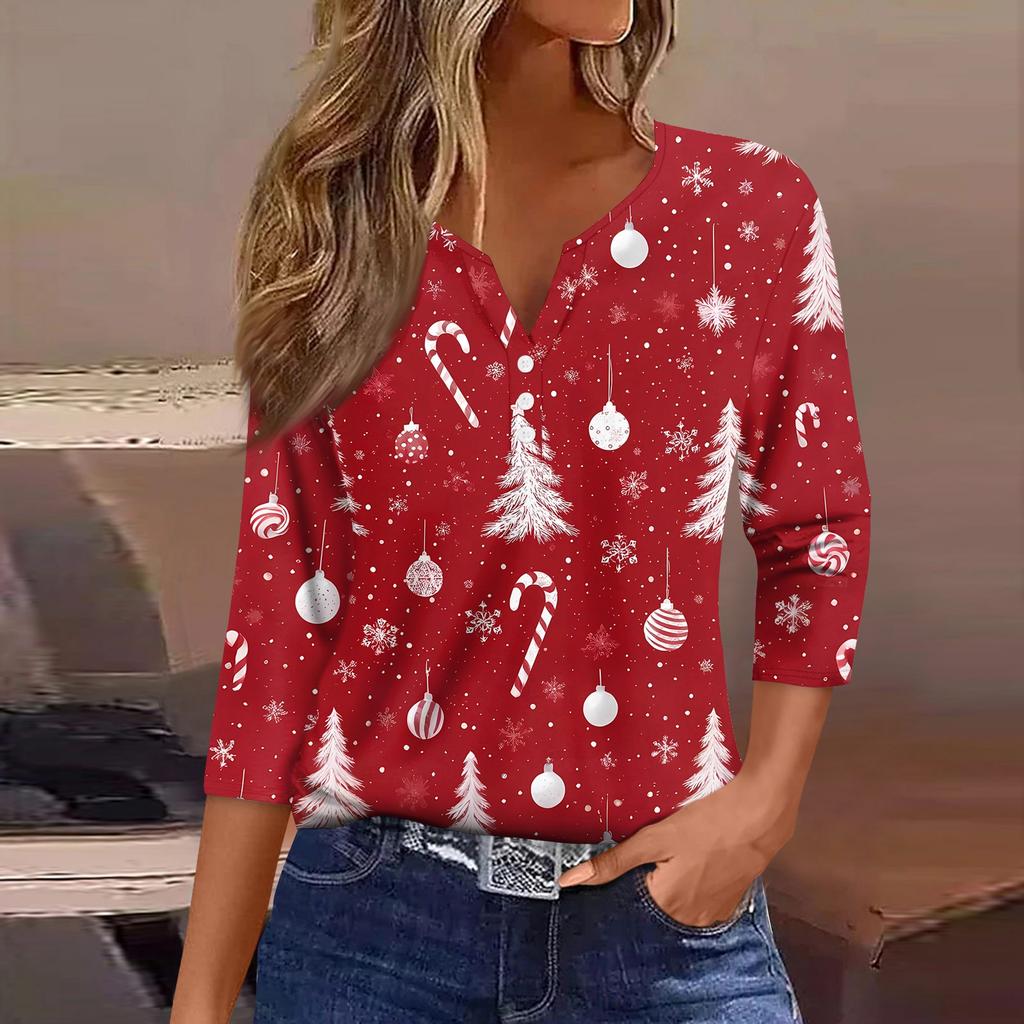 Women's T Shirt Christmas Print Button 3/4 Sleeve Daily Weekend Fashion Basic V- Neck Regular Top
