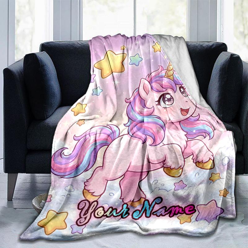 1PC Custom Name Magical Unicorn Dreams flannel blanket versatile,all-season throw suitable for the living room,bedroom,camping,travel,and gift
