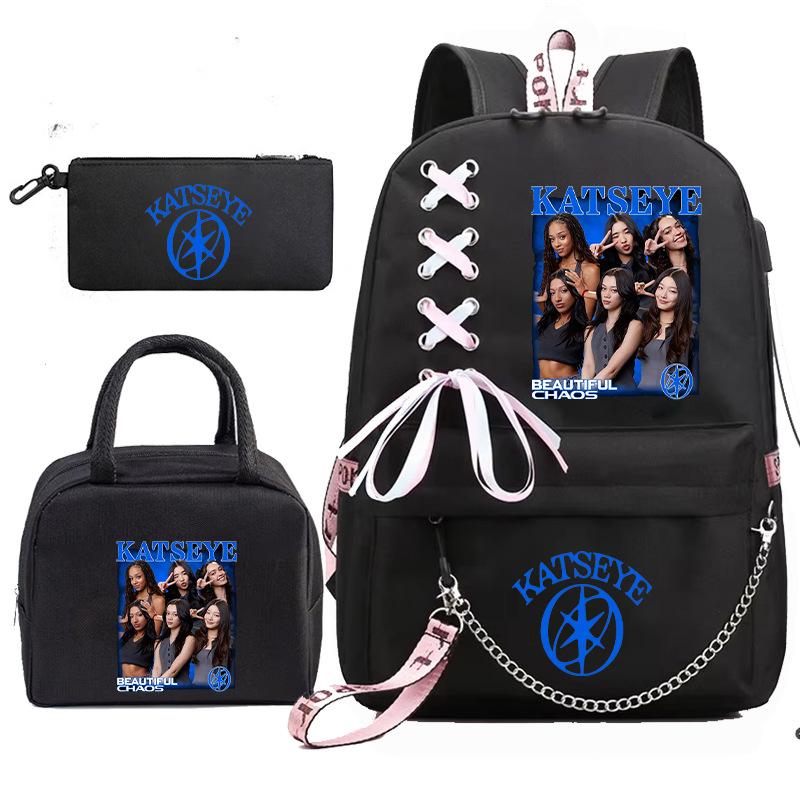 Katseye Girl Group Print 3-Piece Set Backpack, Color Block Anti-Gravity School Student Bookbag Large Capacity Lightweight Water-Resistant