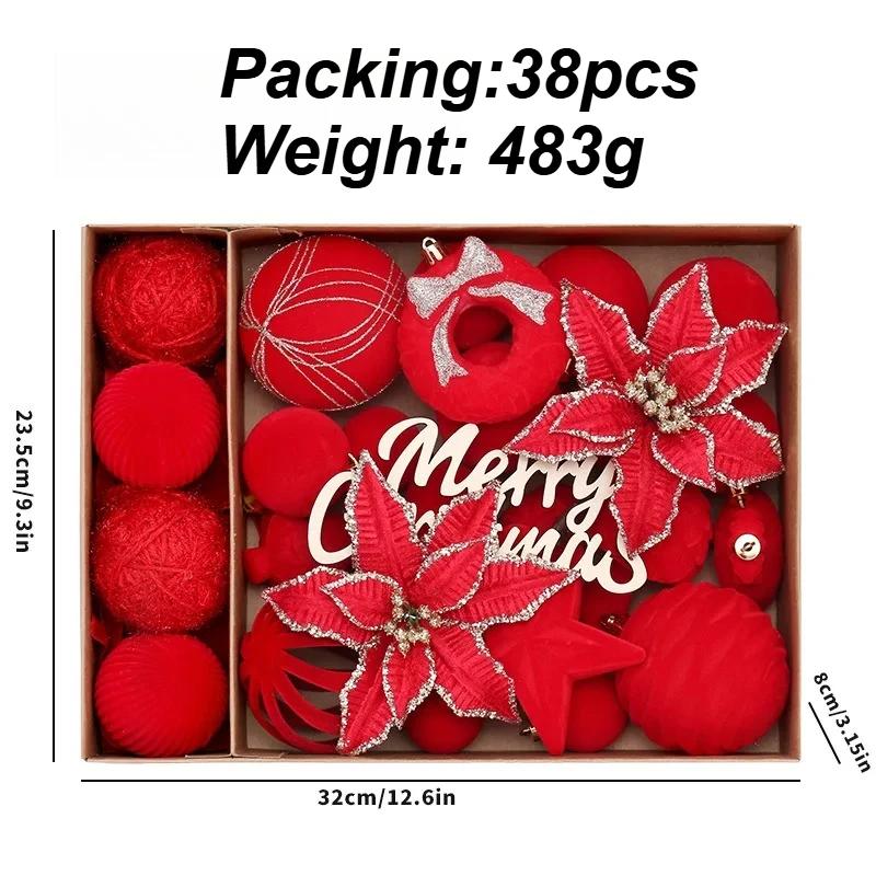 38PCS Luxury Plush Christmas Ball Set Xmas Ball Tree Top Star Bow Flower Combination Santa Tree Decor Set Christmas Home Decor