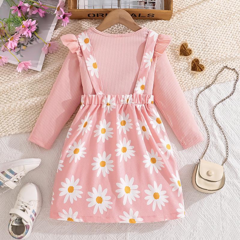 Girls' Outfit Children's Clothing Summer New Ribbed Long Sleeve Top Printed Strap Dress Two-Piece Set