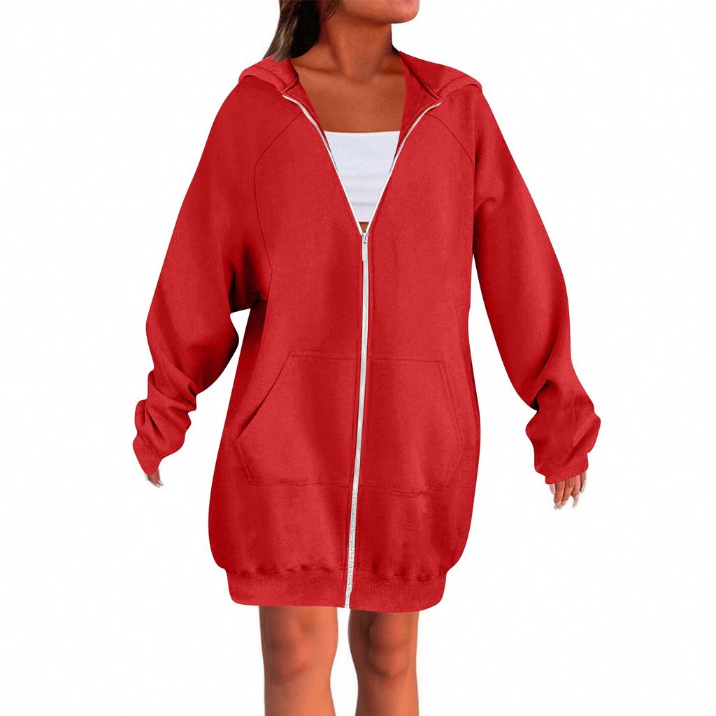 Women's Solid Color Zippered Sweatshirt Top Daily Casual Raglan Long Jacket (Without Hood Drawstring)