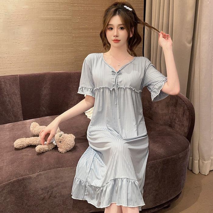 Summer Plus Size Sexy Lace V-neck Short Sleeve Nightgowns for Women Cute Sleepwear Night Dress Nightdress Home Nighty