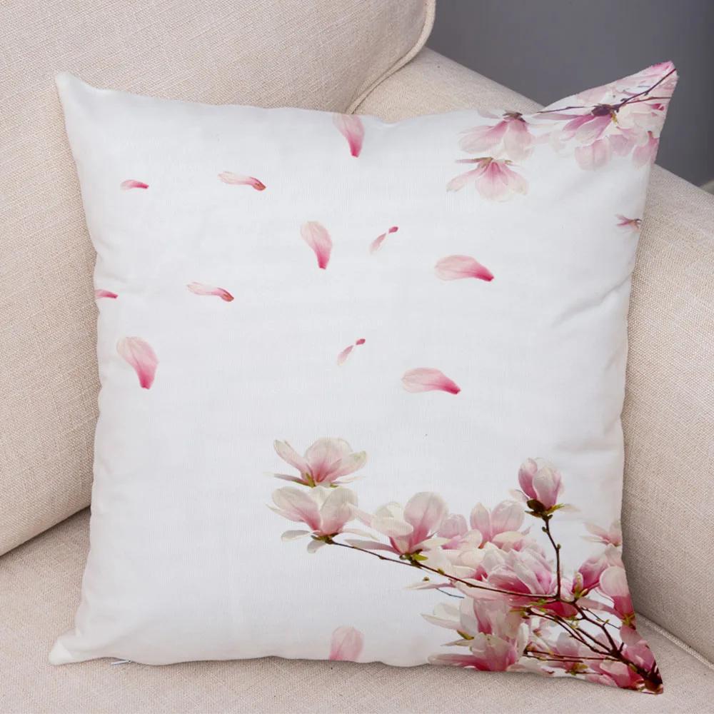 Pink Peach Blossom Cushion Cover Decor Watercolor Cartoon Plant Tree Pillow Case for Sofa Home Car Soft Plush Pillowcase 45x45cm