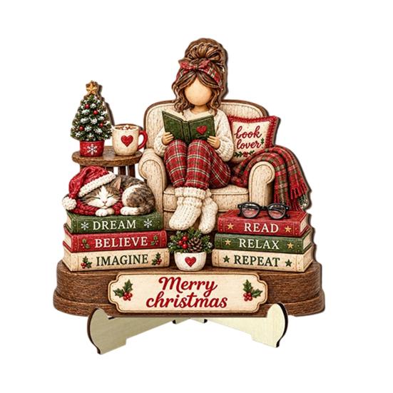 Retro Christmas Centerpieces Book Lover Gifts for Women, Just A Girl Who Loves Wooden Plaque, Winter Home Decor 2D Flat Reading Block Sign with Stand