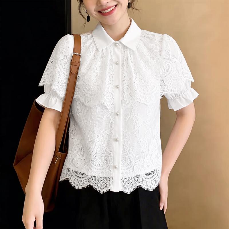 ZANZEA Women Casual Turn Down Collar Short Sleeve Patchwork Lace Blouse M