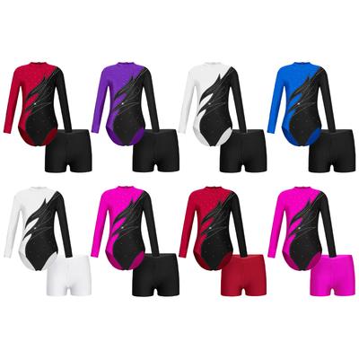 Girls Long Sleeve Dance Leotard Mock Neck Rhinestones Keyhole Back V-front Waistband Shorts Performance Outfit