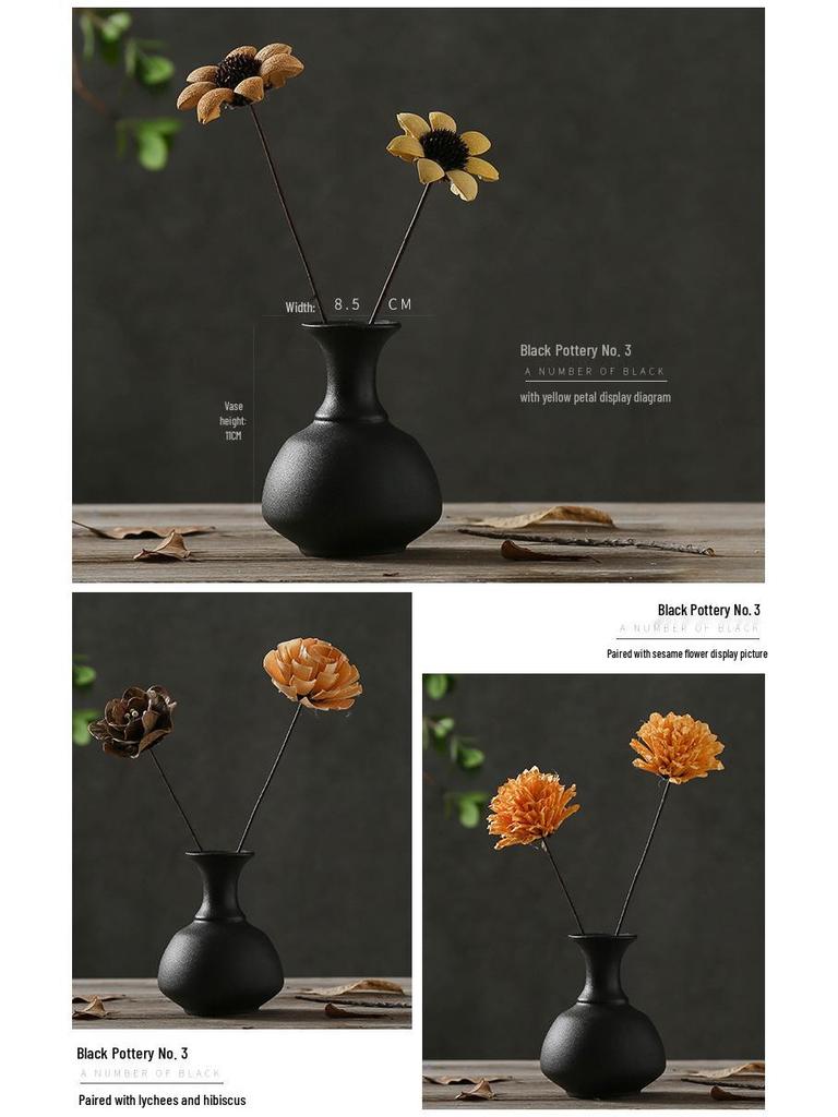 Zen Style Black Ceramic Mini Vase for Dried Flowers – Retro Chinese/Japanese Decor Ornament